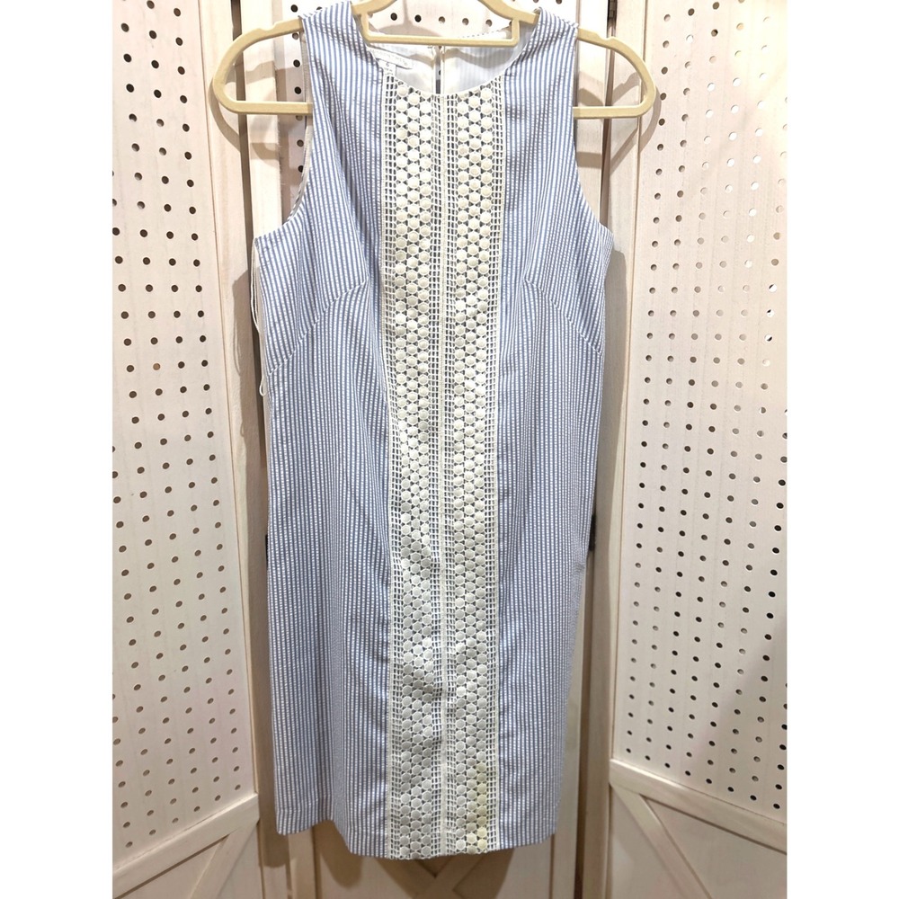 London Times Blue White‎ Stripe Seersucker Lace Trim Shift Dress Size 6